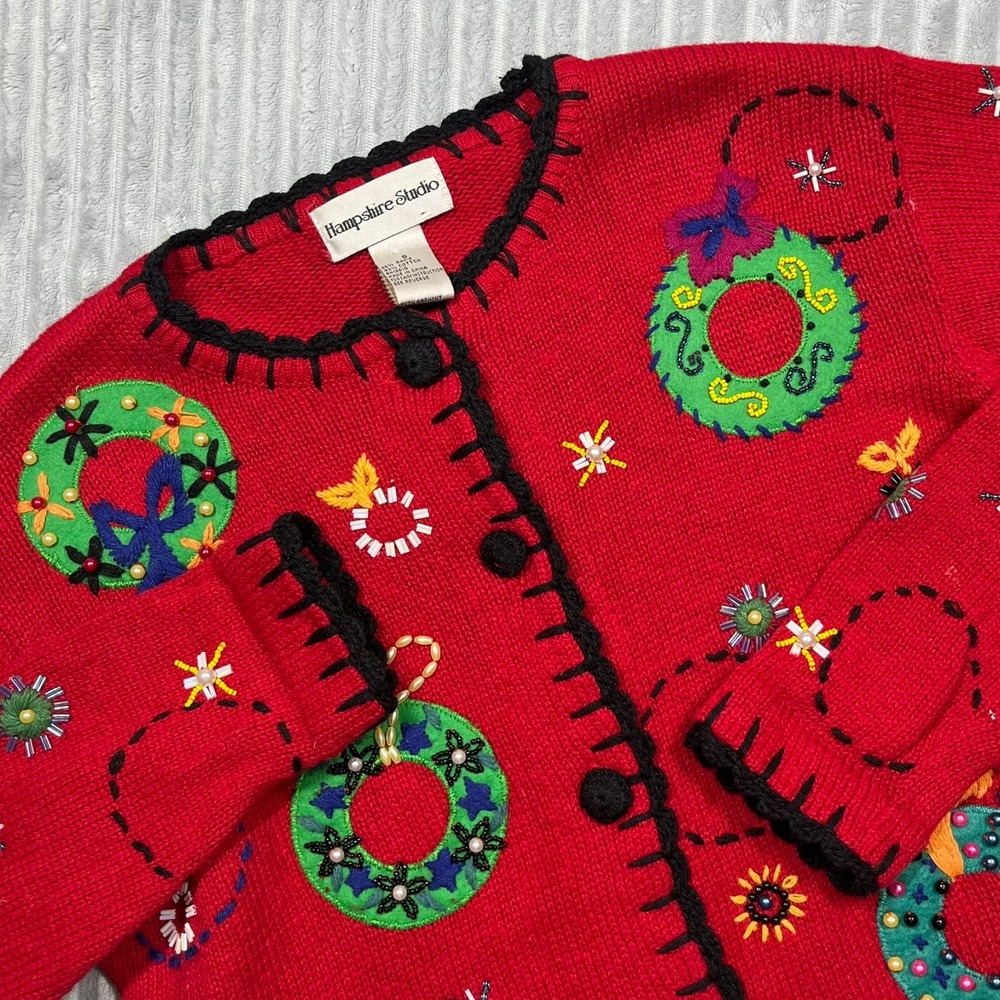 Hampshire Studios Ugly‎ Christmas Cardigan Sweater Women's S Beaded Embroidered